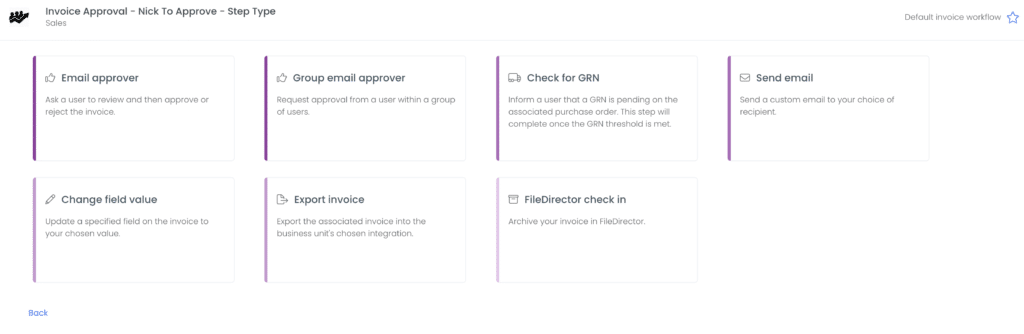 The types of workflow step available for invoice approval