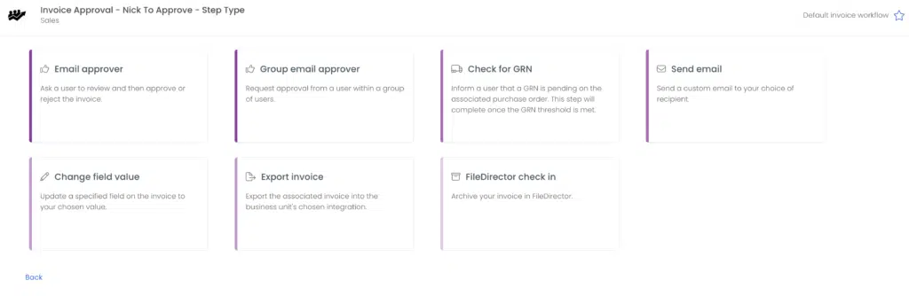 The types of workflow step available for invoice approval