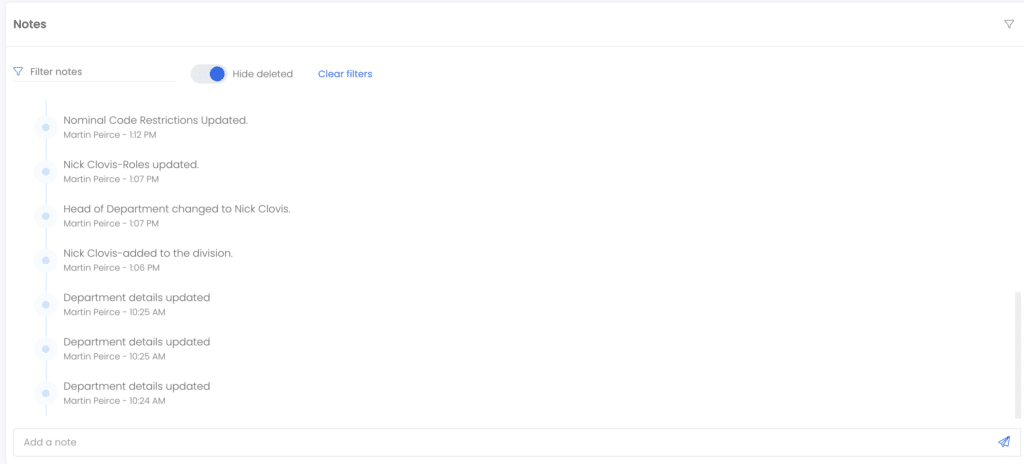 A list of edits made to a division, found in the Notes tab. The option to hide deleted notes is enabled.