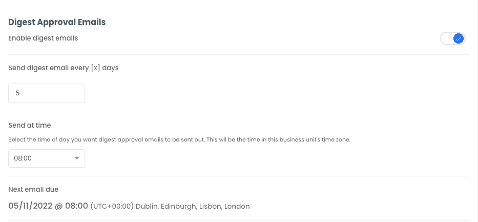 The Digest Approval Email settings