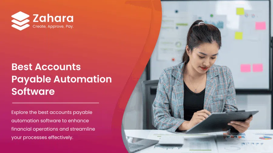 A woman sits at a desk using a tablet, with a laptop and papers in front of her. Text on the image promotes Zahara as the best accounts payable automation software.
