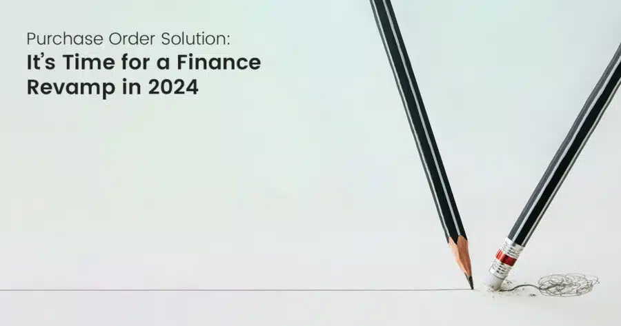 Two pencils, one broken and scribbling, illustrate the need for a "PO System: It's Time for a Finance Revamp in 2024" text in a straightforward, matter-of-fact tone.