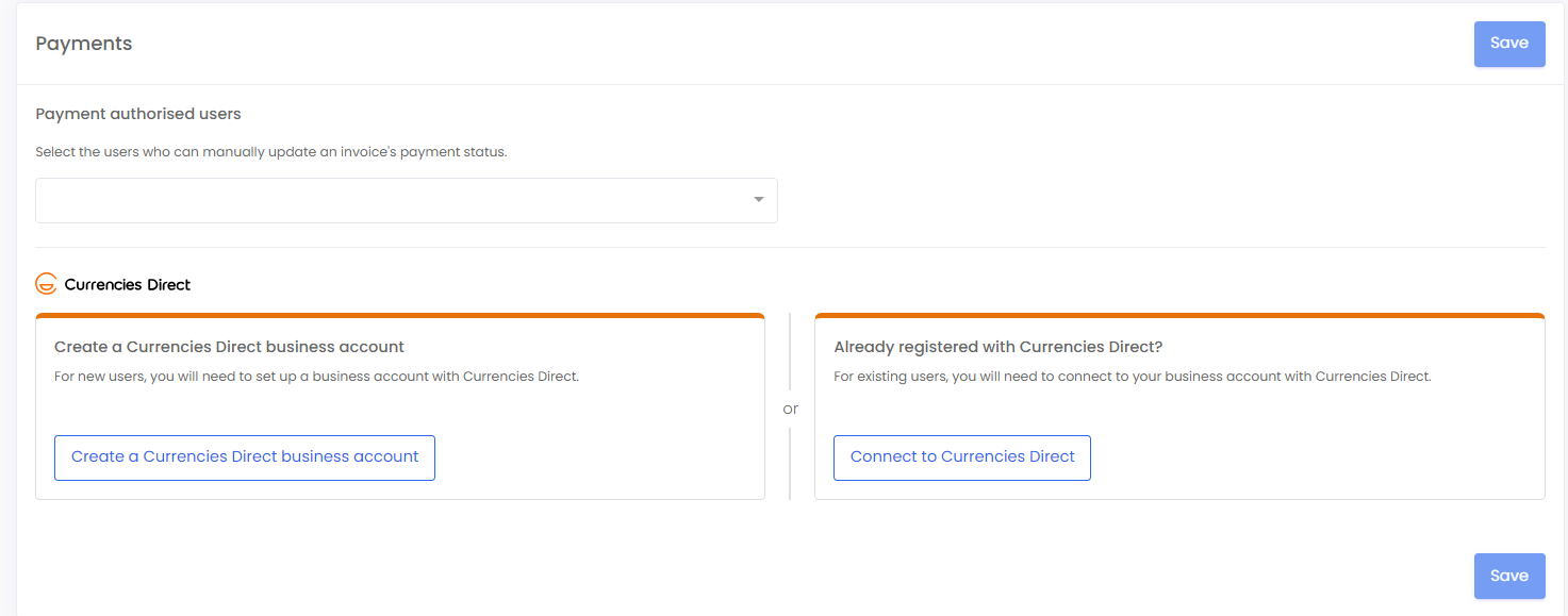 Screenshot of the Currencies Direct connection options