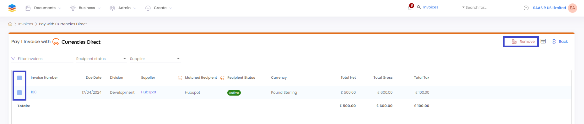 payment screen with invoice selected