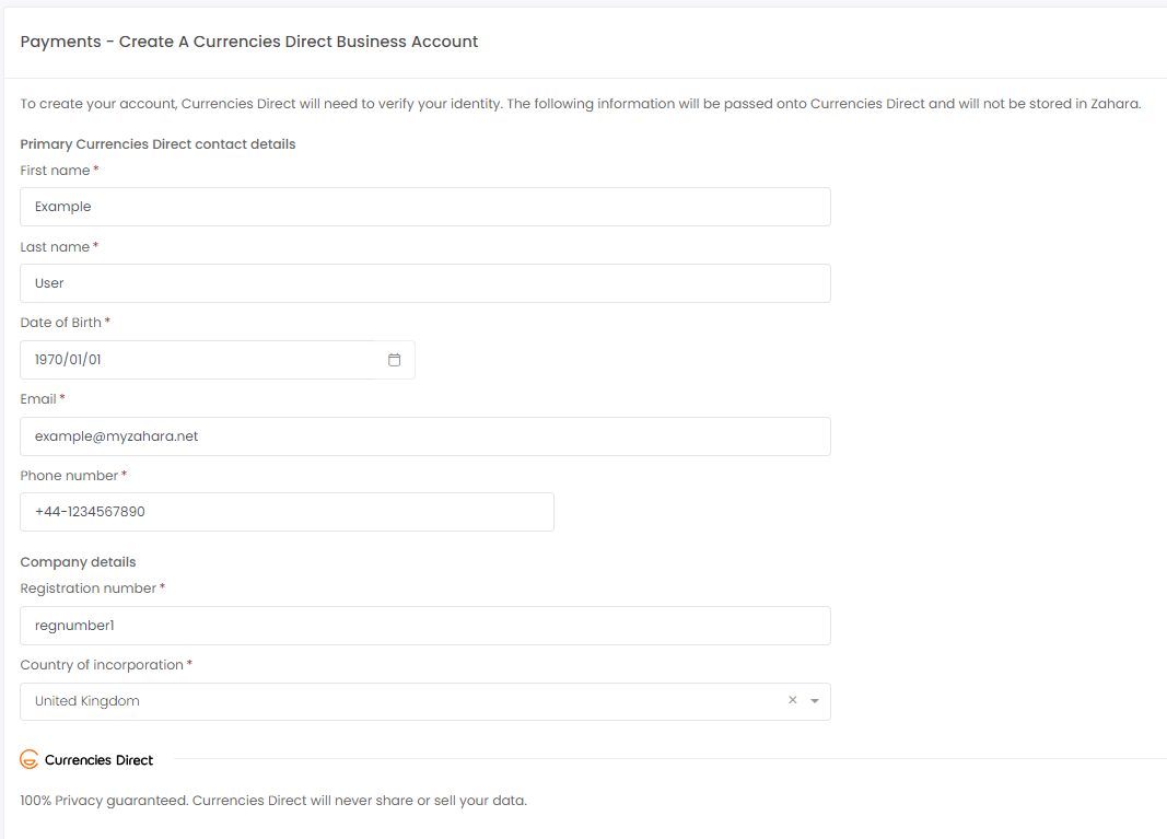 an example of a filled out new account page