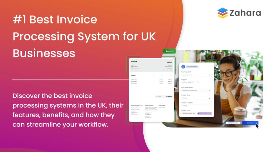 Ad for an advanced automated invoice processing software system showcases a woman at her desk, surrounded by seamless digital invoice displays. Highlighting features and benefits tailored for UK businesses, this is the ultimate solution to streamline your financial workflow.