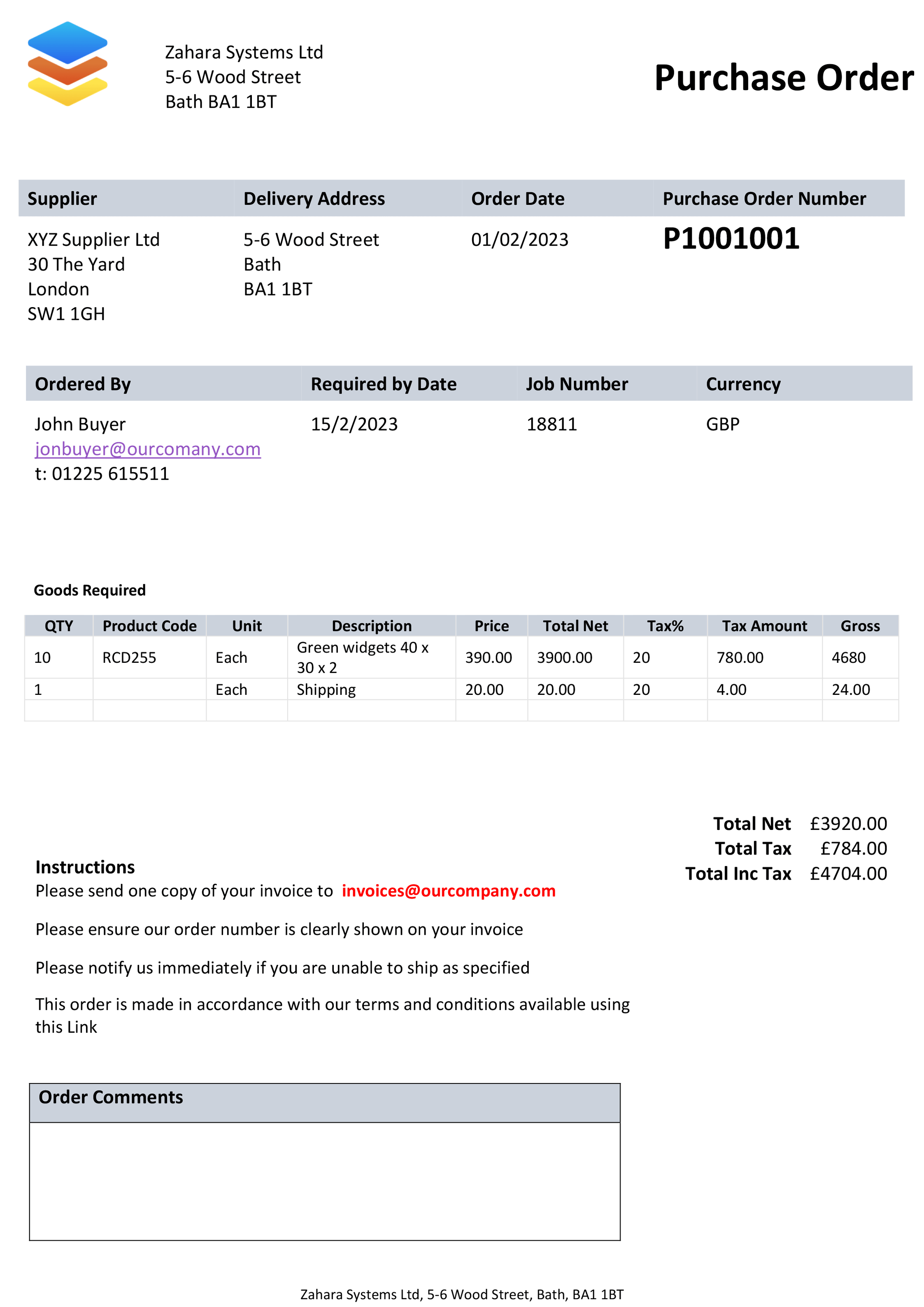 example Excel template purchase order