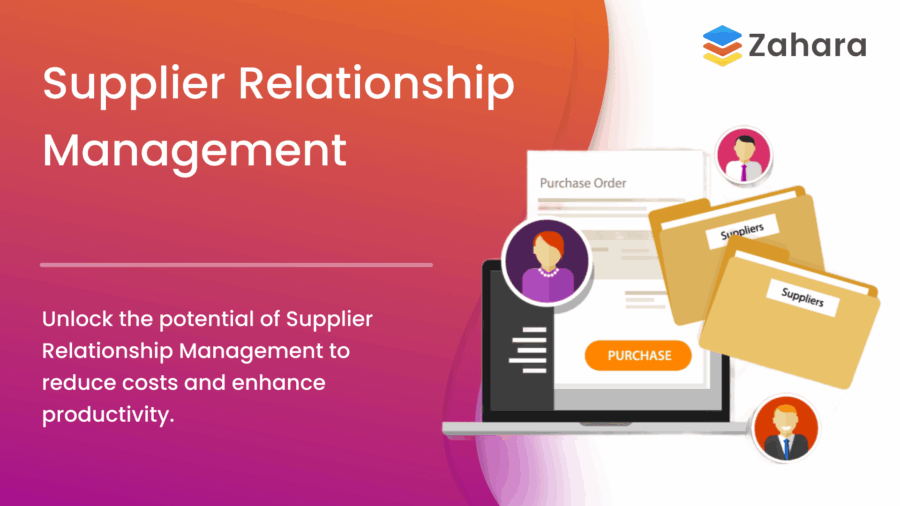 A digital illustration promoting Supplier Relationship Management, featuring folders labeled "Suppliers," a purchase order, and text about strengthening vendor relationships to reduce costs and enhance productivity.