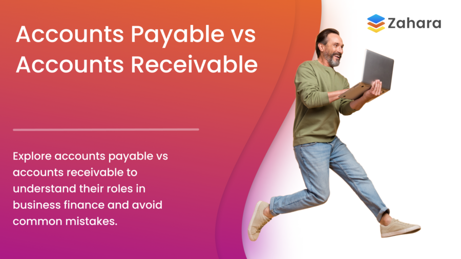 A man in a casual outfit holds a laptop, leaping against a gradient background. The text reads: "Understanding Accounts Payable vs Accounts Receivable," highlighting the key differences and roles of these financial processes.