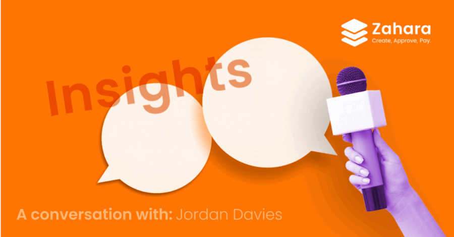 A hand holding a microphone faces two speech bubbles with the word "Insights;" Zahara logo and "A conversation with: Jordan Davies" appear on an orange background.