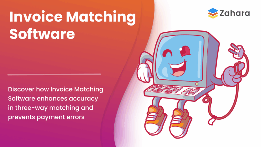 Illustration of a smiling cartoon computer holding a plug, promoting Zahara Invoice Matching Software for improved accuracy and prevention of payment errors.