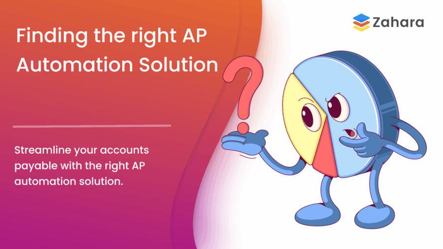A pie chart character holds a question mark. Text reads: "Finding the right AP Automation Solution. Streamline your accounts payable with the right AP automation solution." Zahara logo in top right.