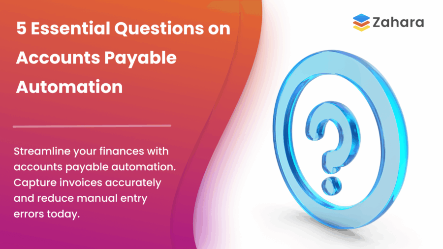 A promotional graphic for accounts payable automation with the title "5 Essential Questions on Accounts Payable Automation" and a blue question mark icon.
