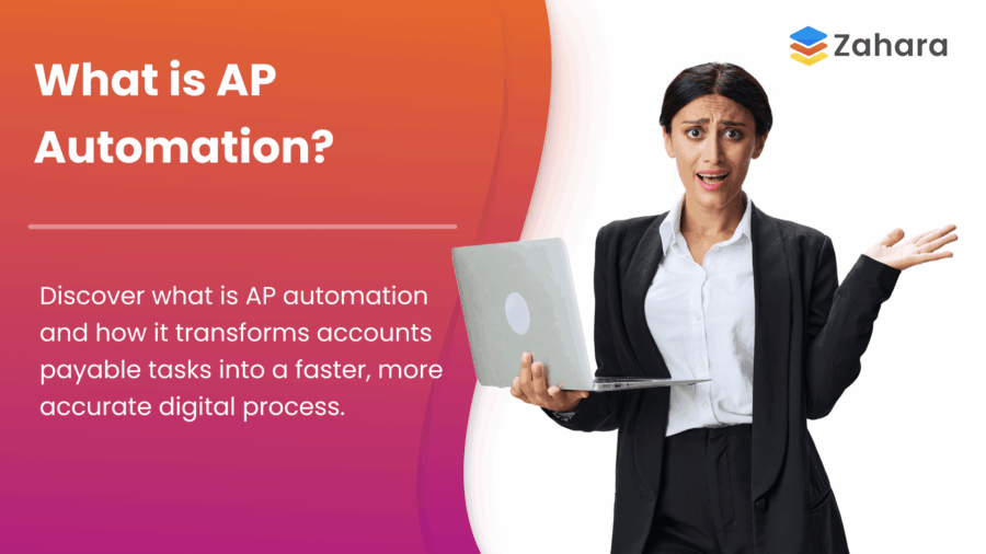 A woman in business attire holds a laptop and gestures with confusion next to text explaining what is AP automation and the Zahara logo on a colorful background.