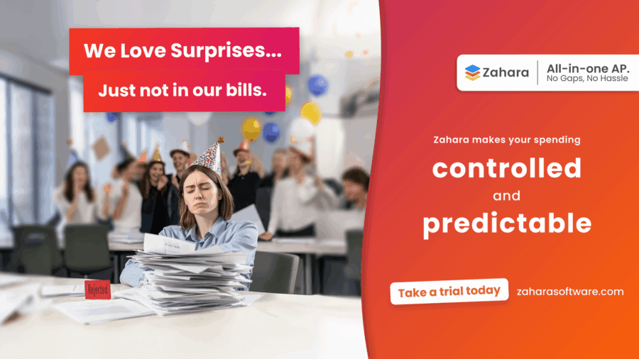 A woman in an office, wearing a party hat and looking stressed at a desk piled with bills, while people celebrate in the background; ad promotes controlled spending with Zahara software.