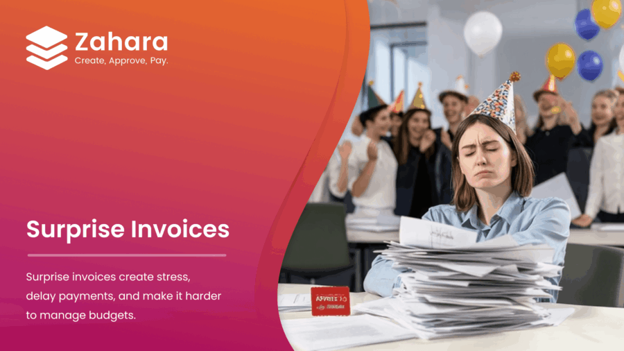 A woman sits at a desk overwhelmed by invoices while coworkers in party hats celebrate in the background. Text highlights the stress caused by surprise invoices.