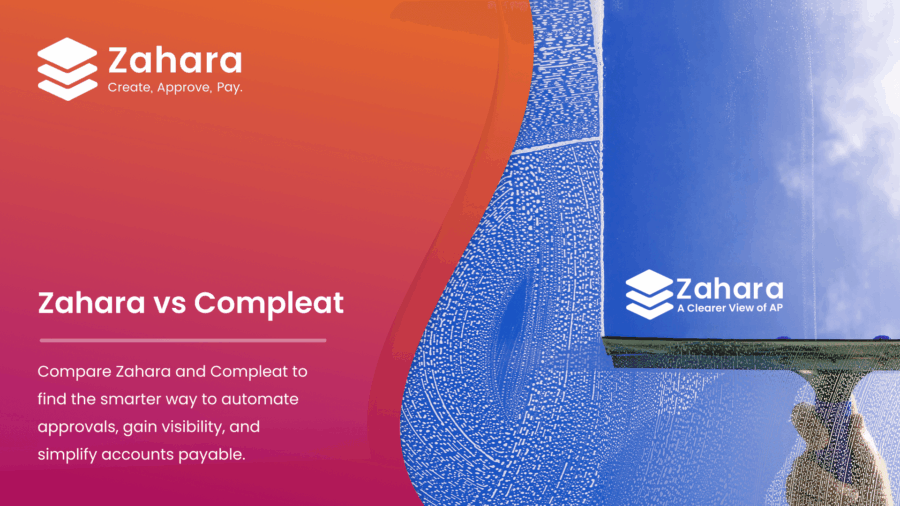 A graphic comparing Zahara and Compleat, featuring Zahara’s logo, a window being cleaned, and text about automating and simplifying accounts payable processes.