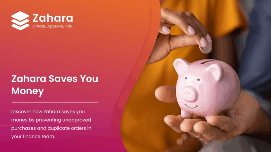 A person places a coin into a pink piggy bank with the text "Zahara Saves You Money" and promotional information for Zahara’s finance management service.